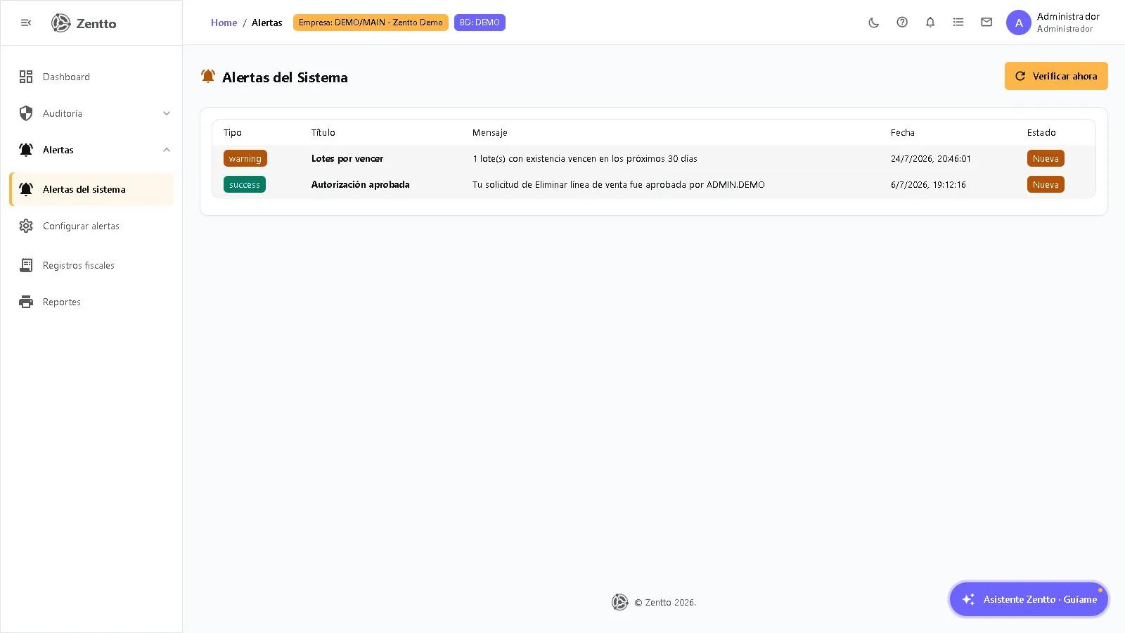 Alertas del sistema — listado de alertas activas agrupadas por severidad