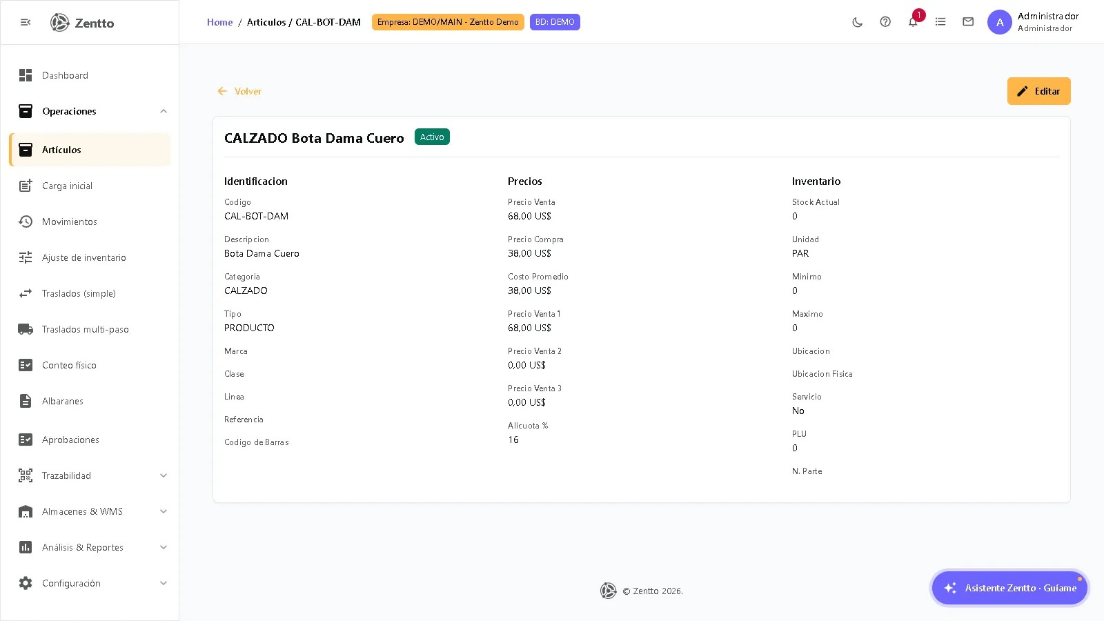 Vista de detalle de un artículo con secciones de identificación, precios e inventario