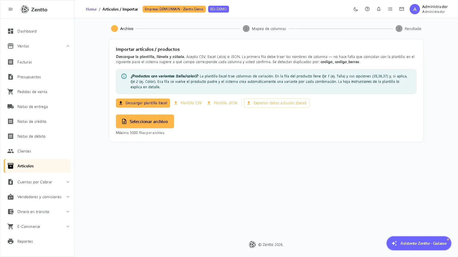Asistente de importación masiva de artículos en 3 pasos: archivo, mapeo de columnas y resultado