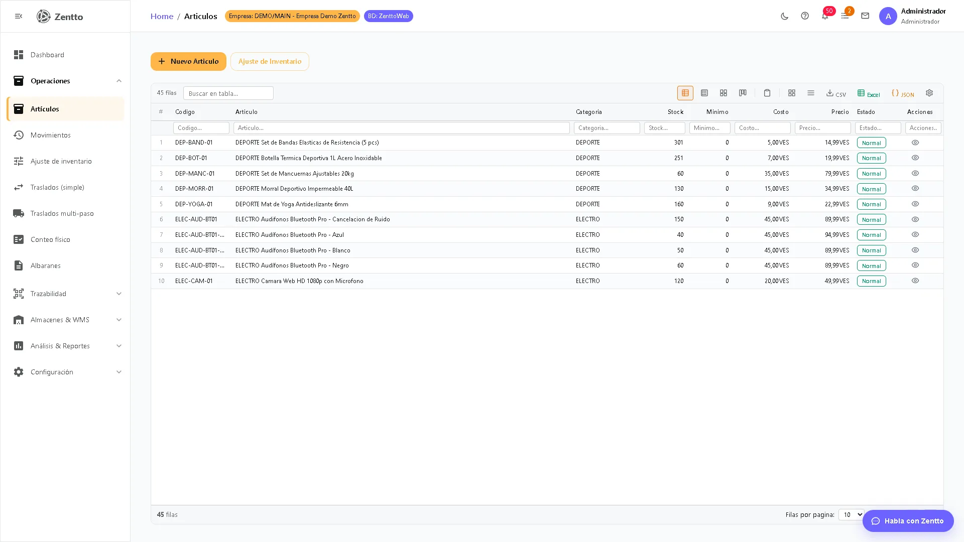 Lista de artículos de inventario con filtros, búsqueda y columnas de código, nombre y stock