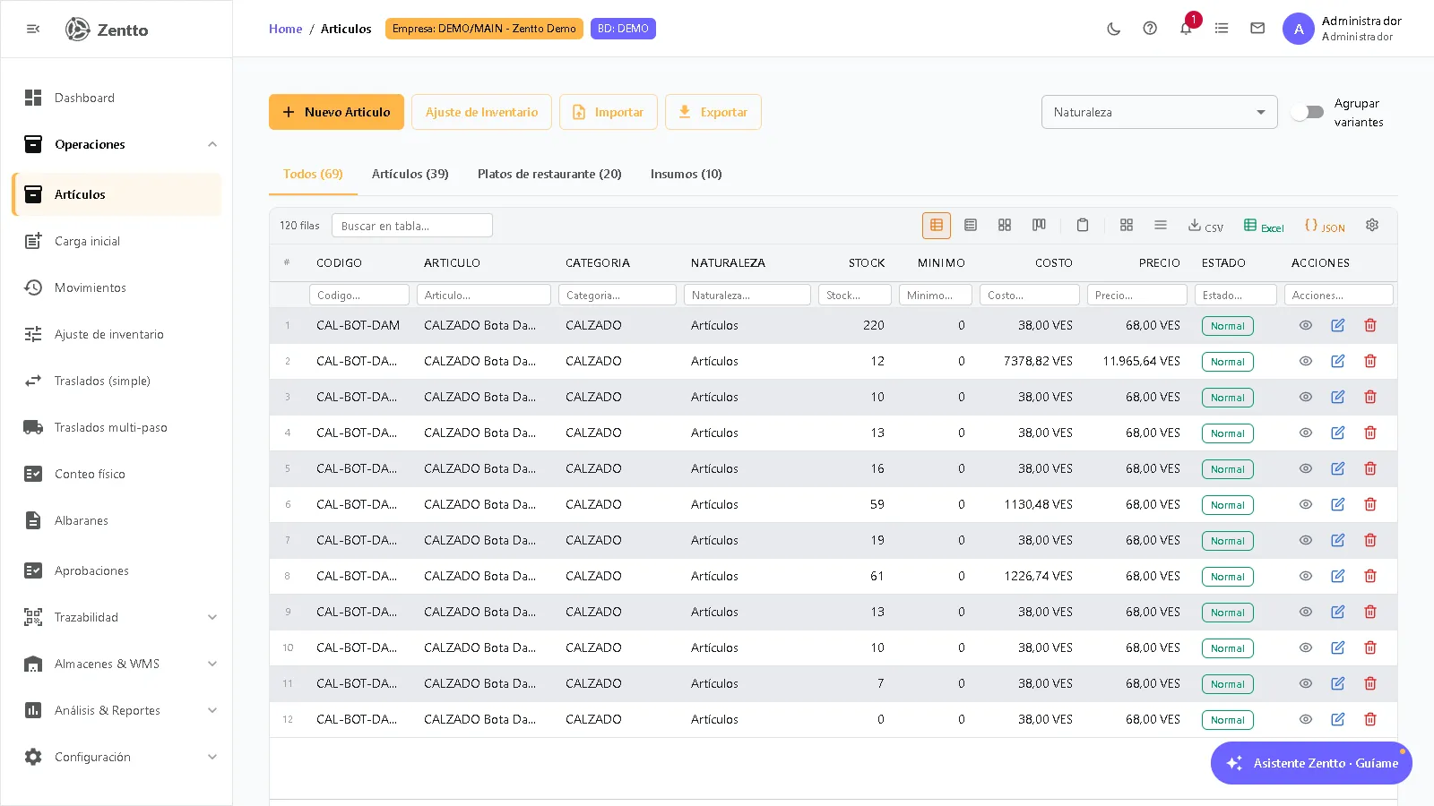 Lista de artículos de inventario con filtros, búsqueda y columnas de código, nombre y stock