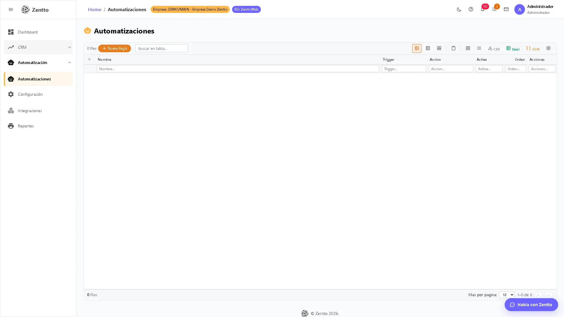 Panel de automatizaciones del CRM con lista de reglas activas y su estado
