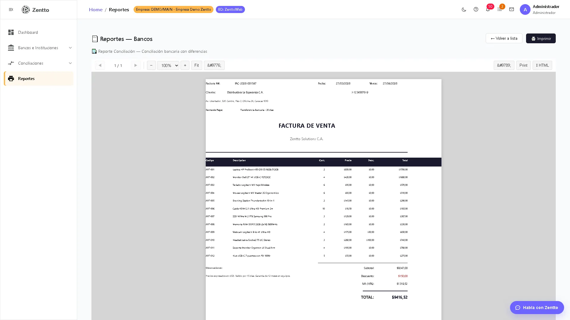 Reporte Conciliación — error de template: renderiza factura de venta