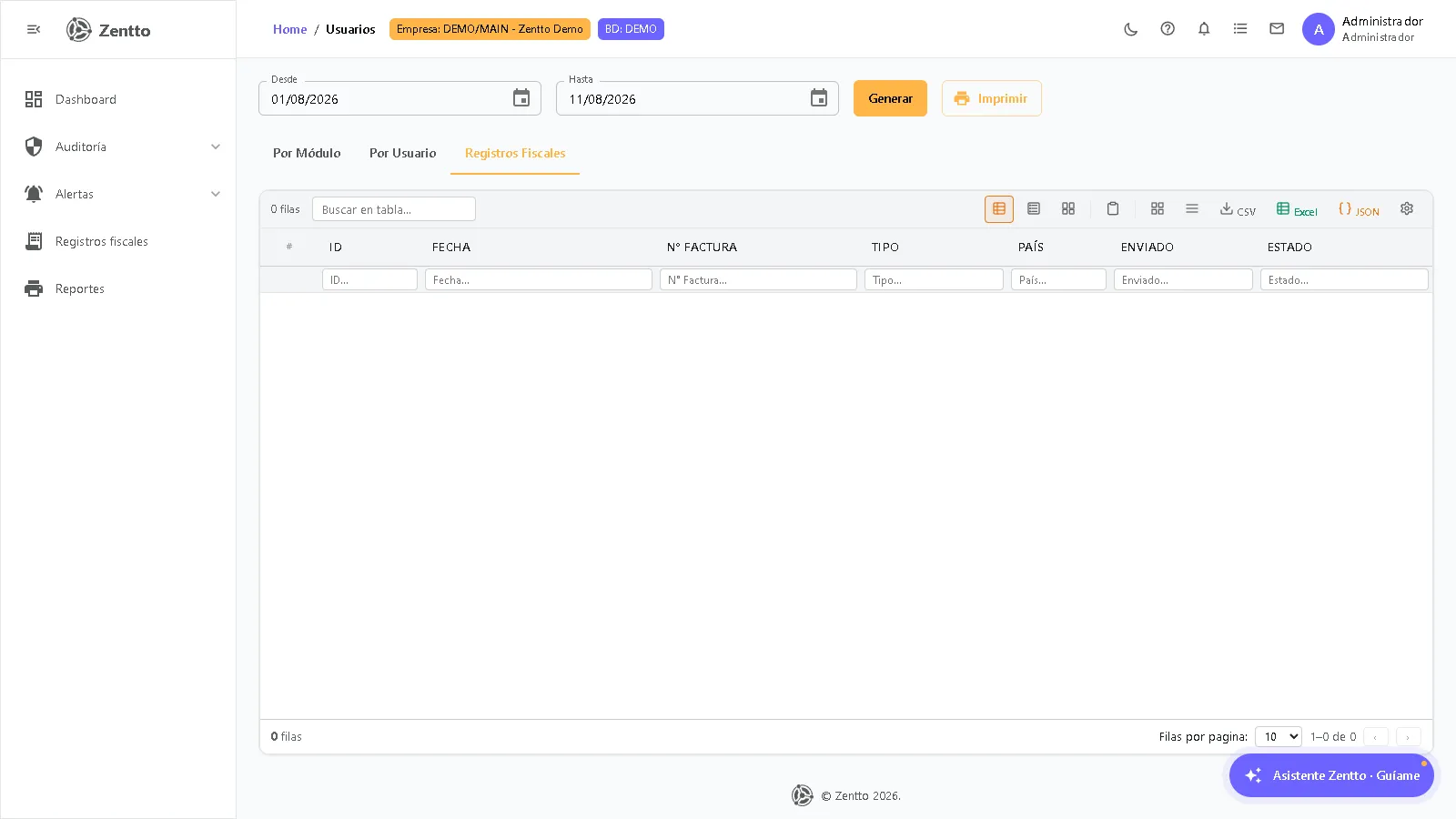 Bitácora por usuario — tab Registros Fiscales