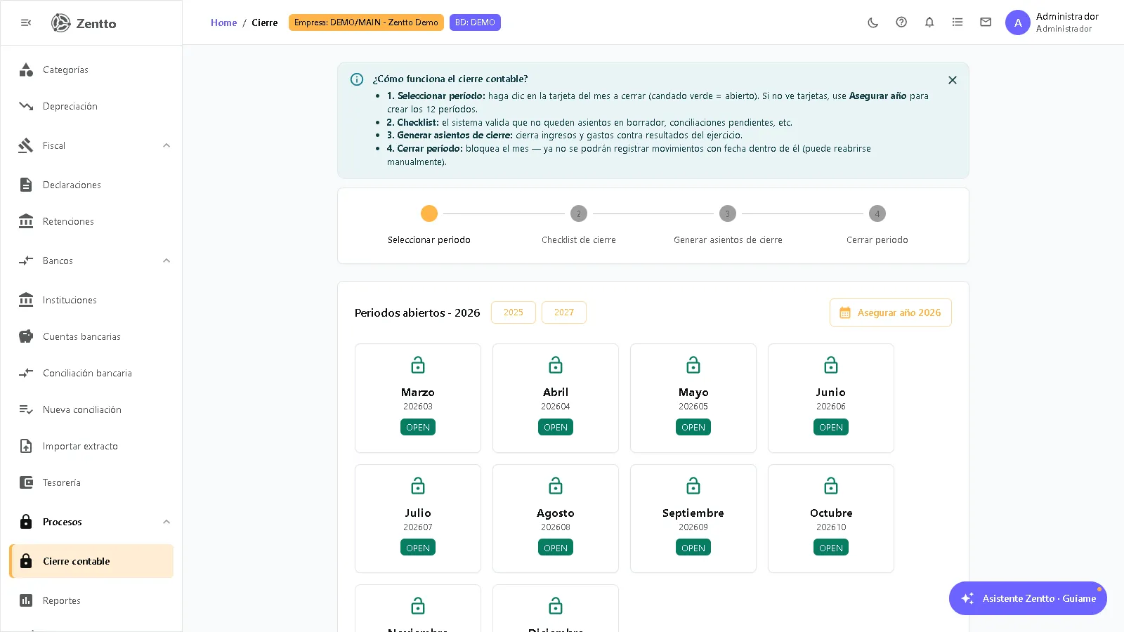 Pantalla de cierre contable en Zentto con validaciones previas y estado de los períodos