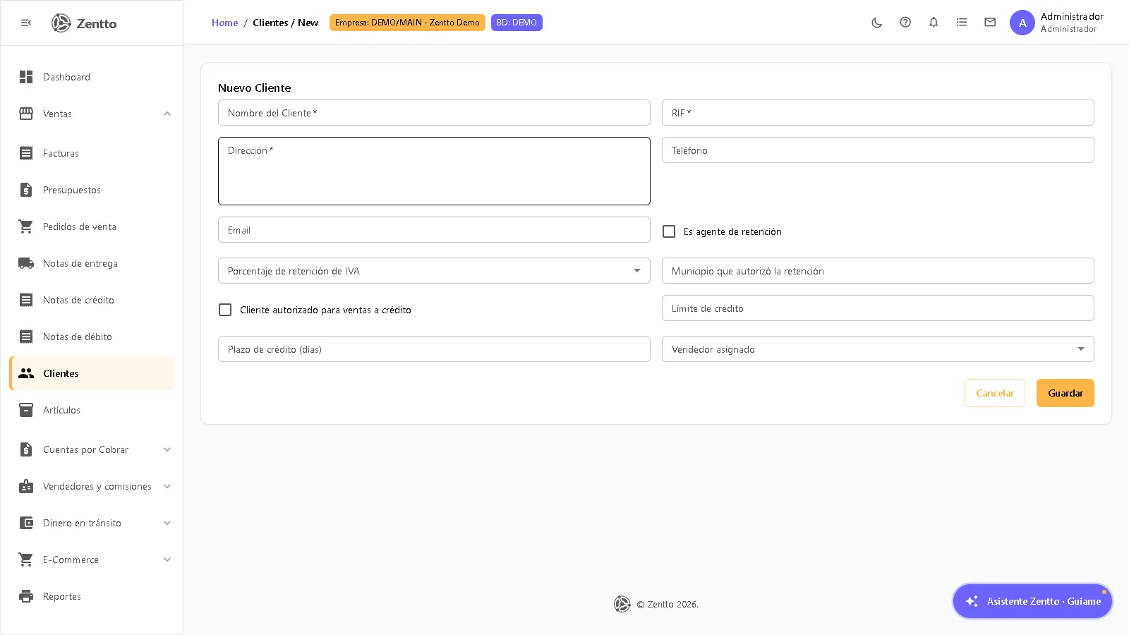 Formulario de creación de cliente con datos fiscales, retenciones, crédito y vendedor asignado