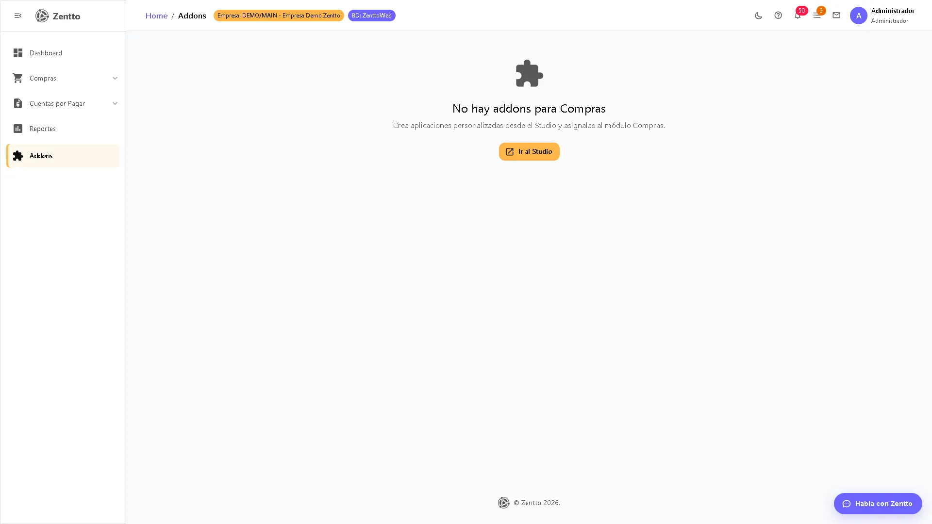 Pantalla de addons de compras con módulos adicionales disponibles para activar