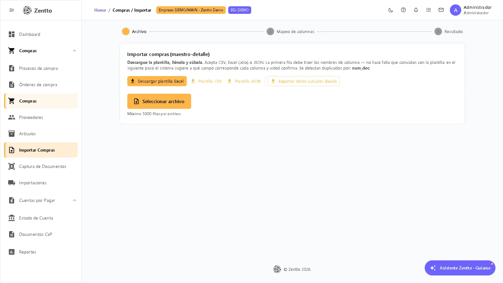 Asistente de importación de compras con plantillas y selección de archivo