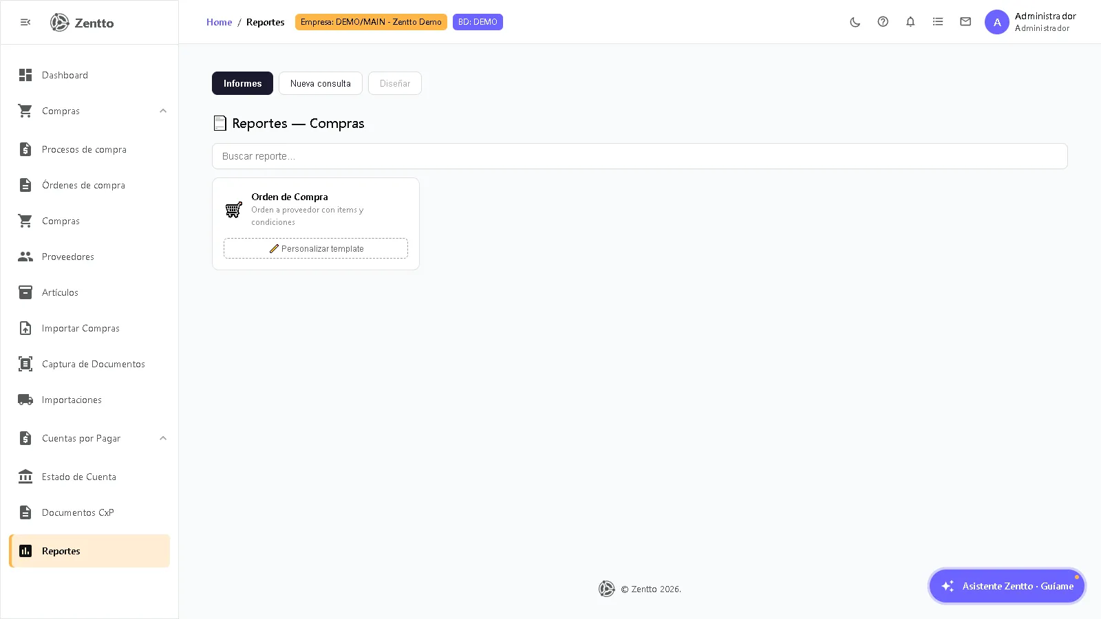 Panel de reportes de compras con listado de informes disponibles