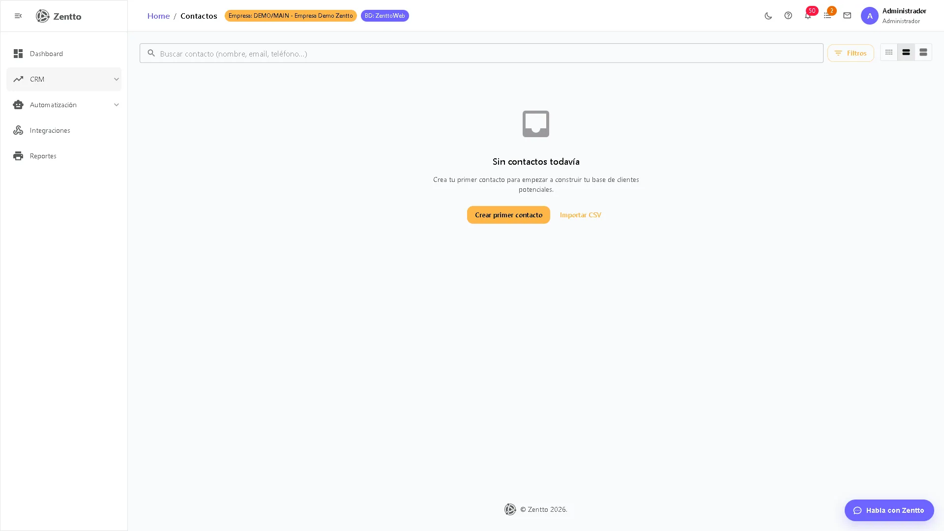 Lista de contactos del CRM con nombre, empresa, cargo y acciones rápidas