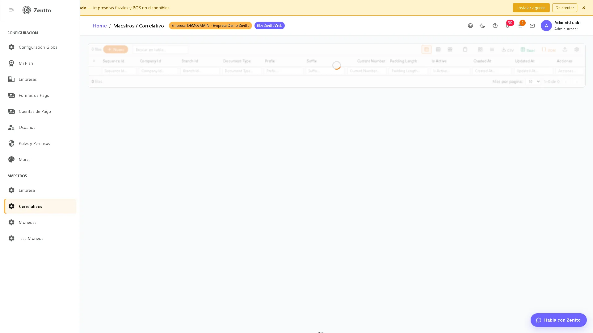 Correlativos — configuración de numeración por tipo de documento