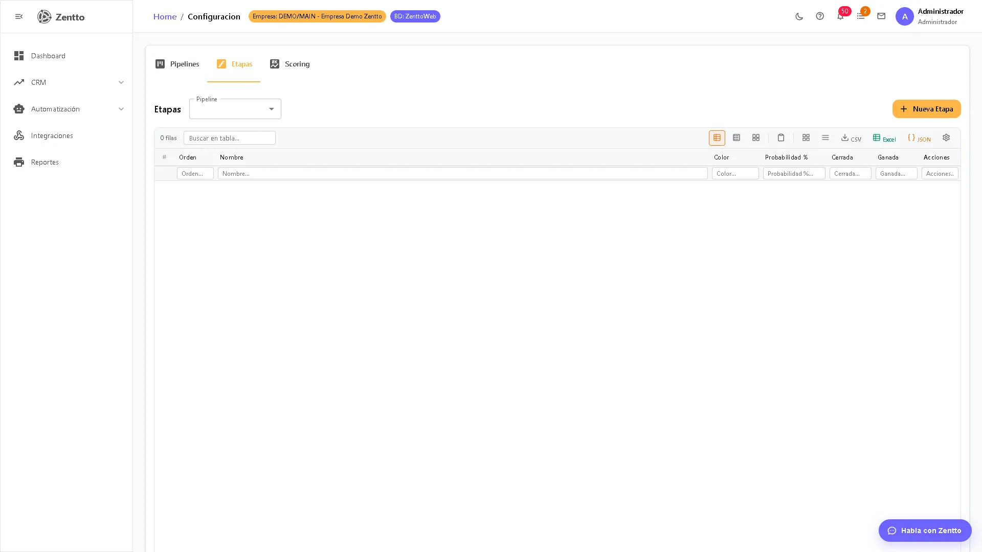 Configuración de etapas del CRM con nombre, probabilidad y orden