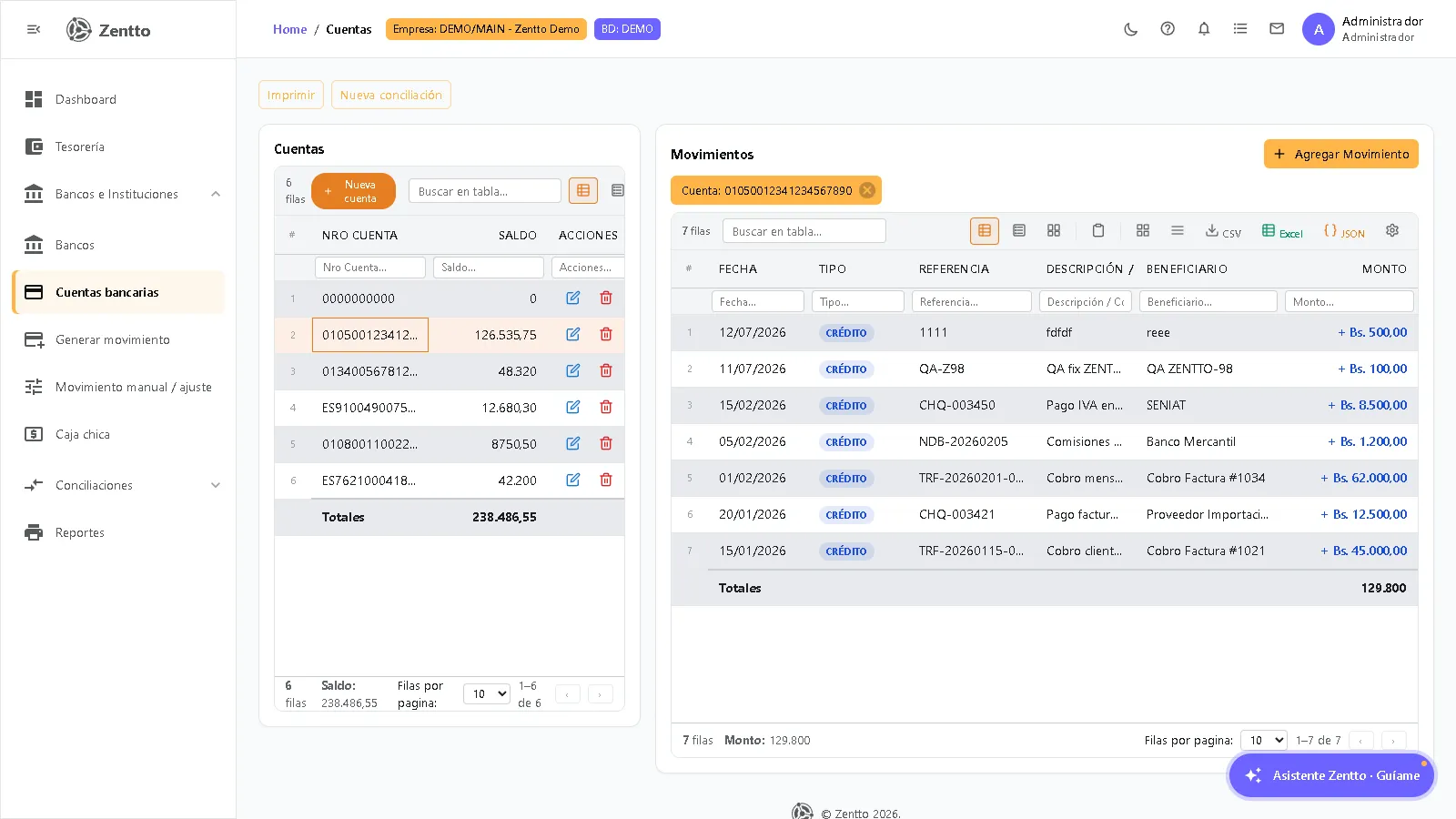 Cuentas bancarias — Paneles Cuentas y Movimientos