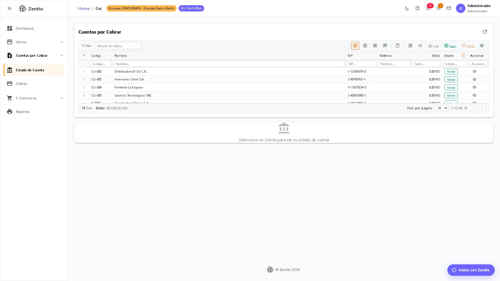 Estado de cuenta CxC con lista de proveedores y saldos pendientes