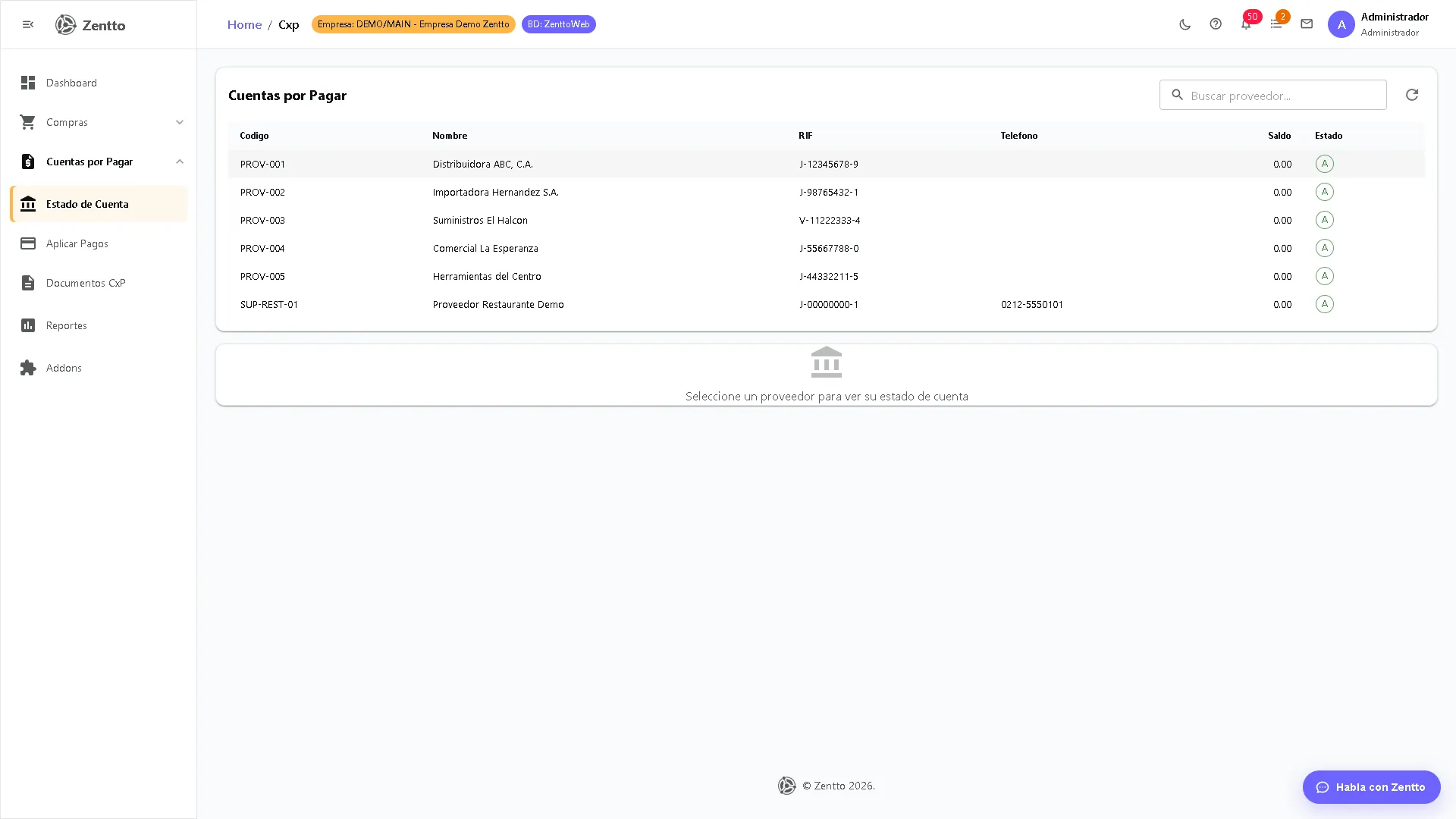 Cuentas por pagar con lista de proveedores y saldos pendientes por pagar