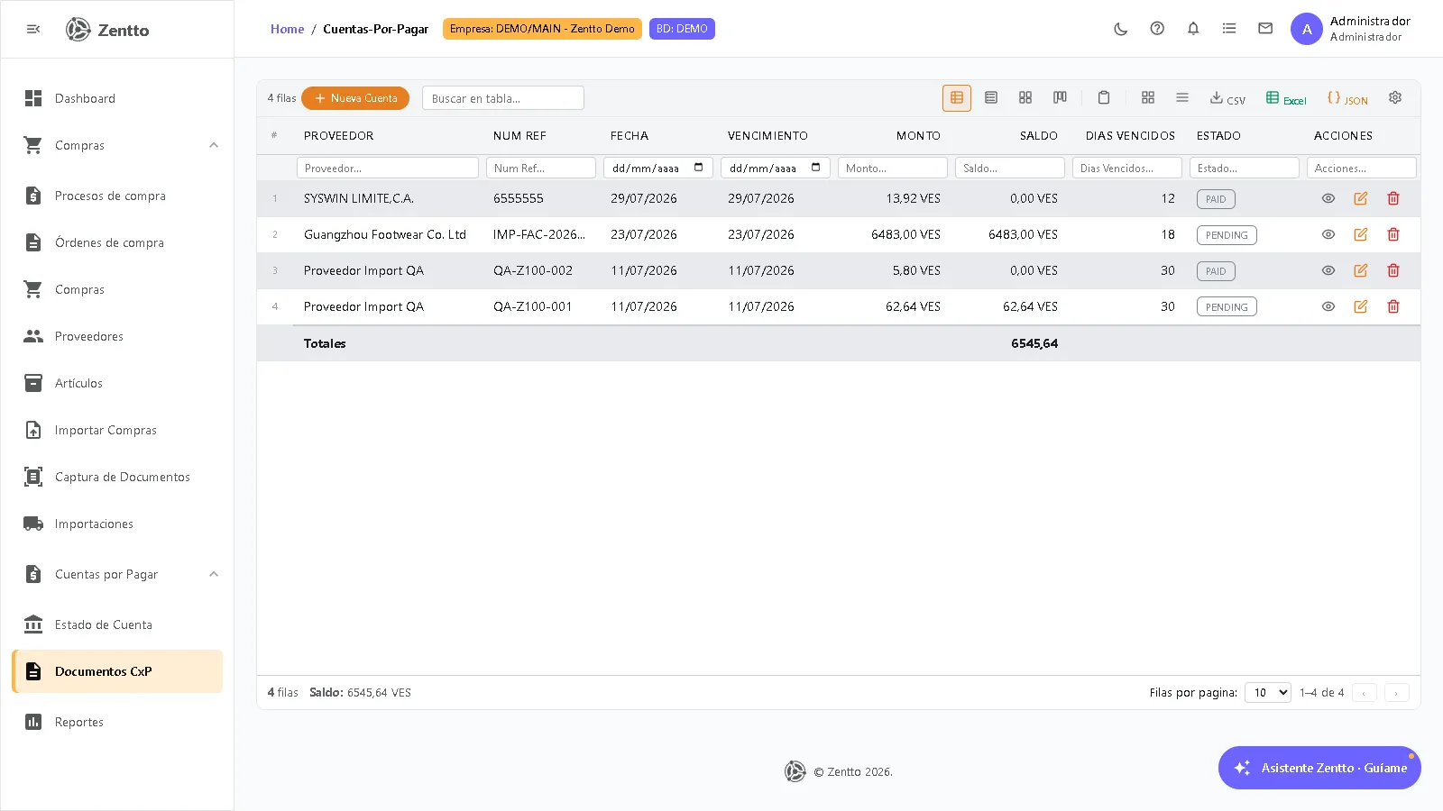 Lista de documentos CxP con tipo de documento, proveedor, fecha y monto