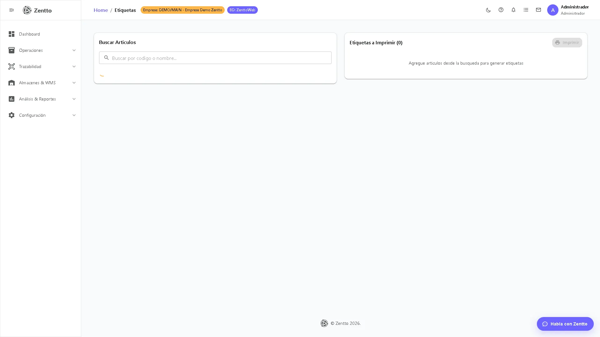 Panel de búsqueda de artículos para imprimir etiquetas con instrucciones de uso