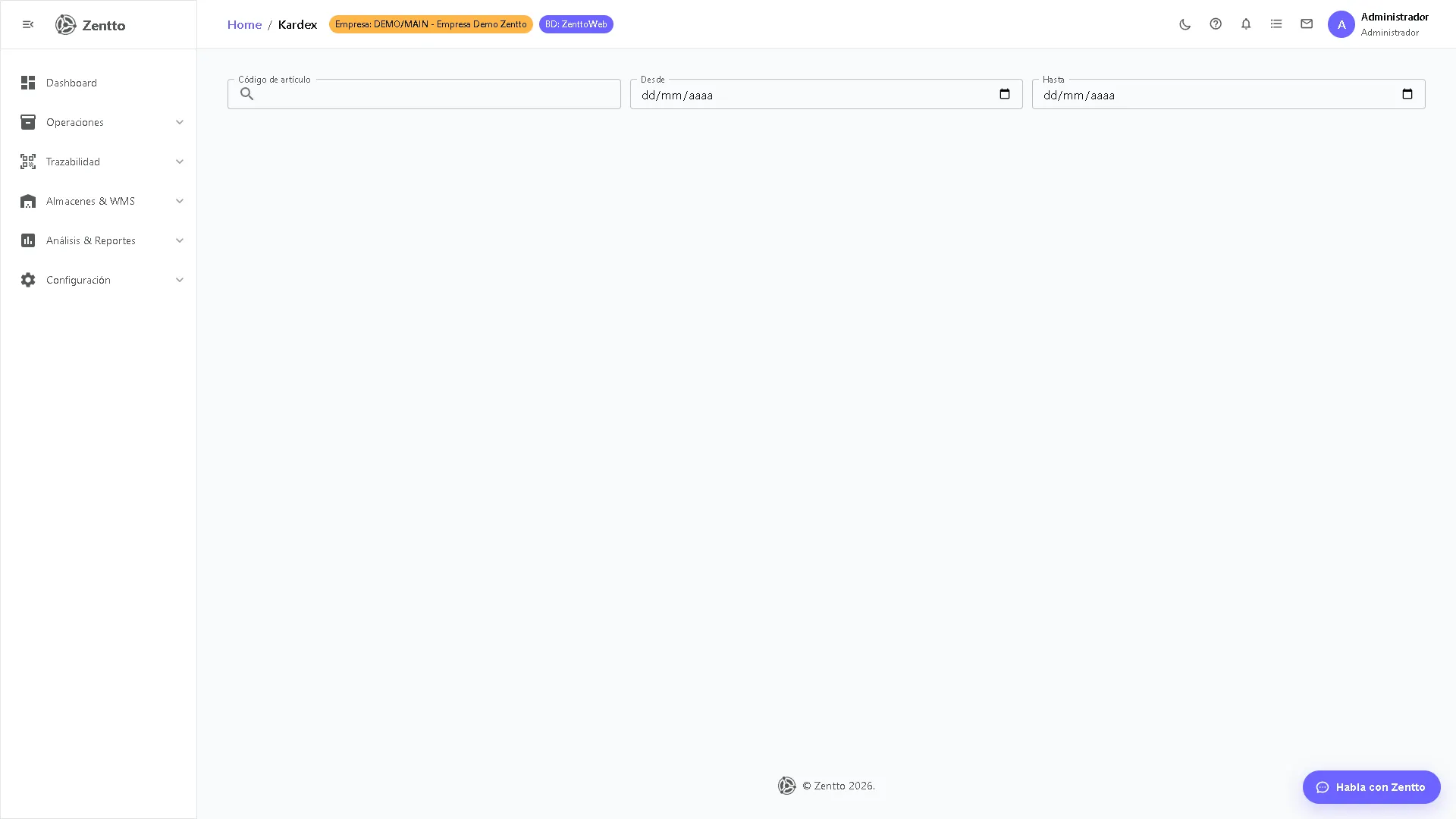 Pantalla del Kardex con filtros de artículo, almacén y rango de fechas
