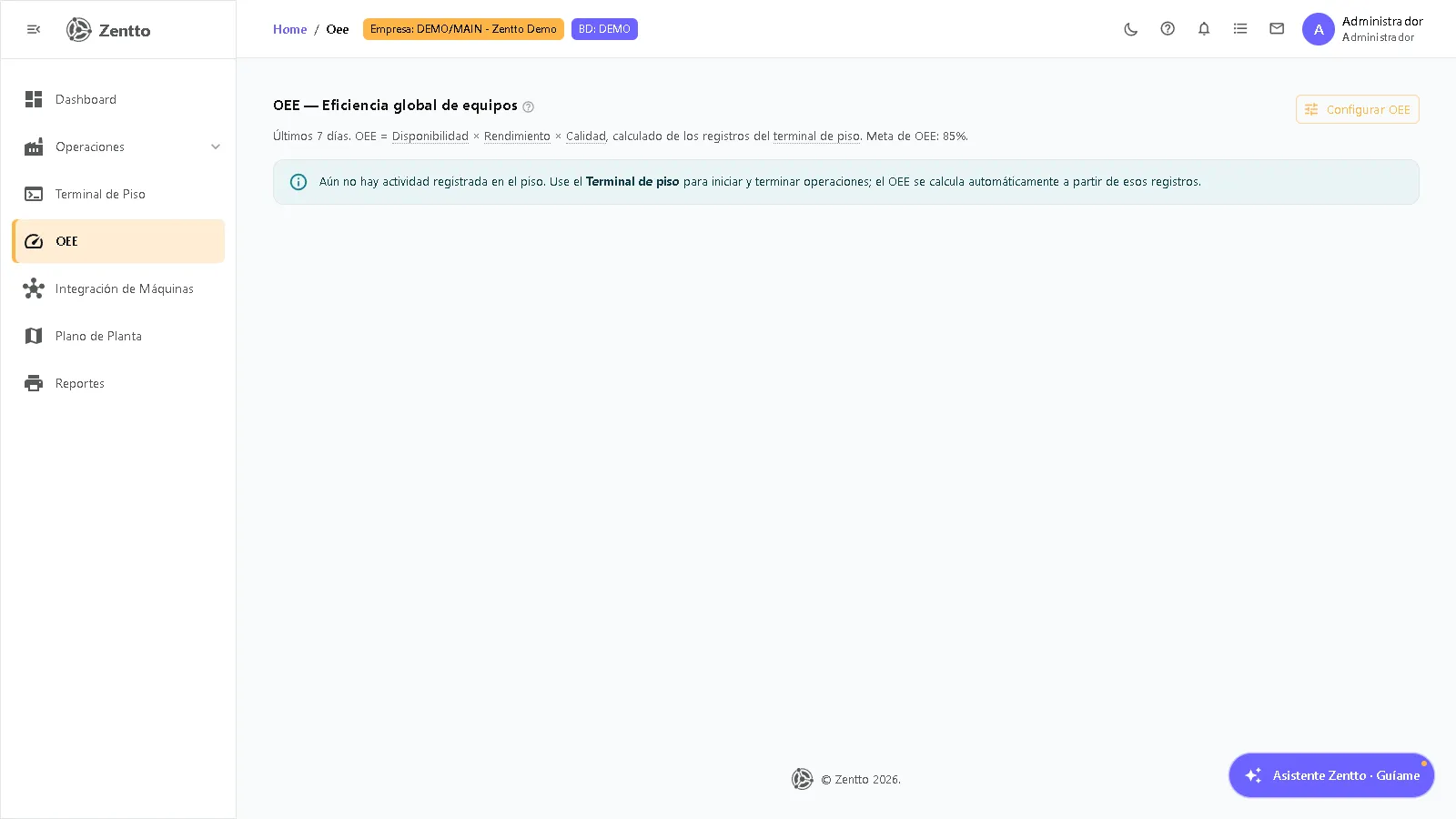 OEE — eficiencia global de equipos (últimos 7 días, meta configurable)