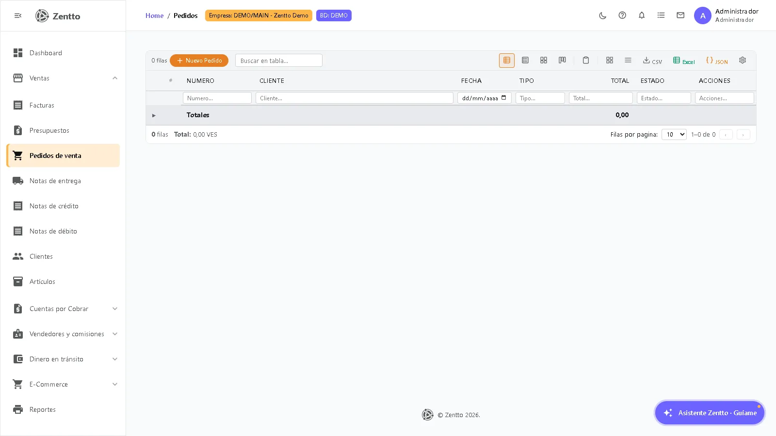 Listado de pedidos de venta con columnas número, cliente, fecha, tipo, total y estado