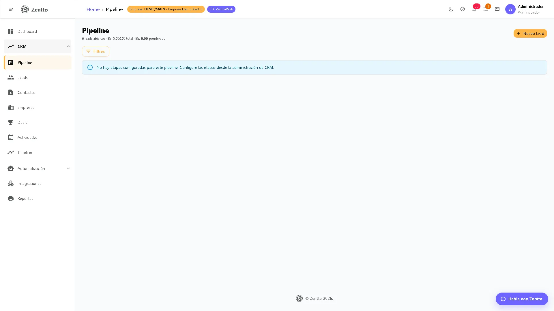 Tablero Kanban del Pipeline con Deals organizados por etapa