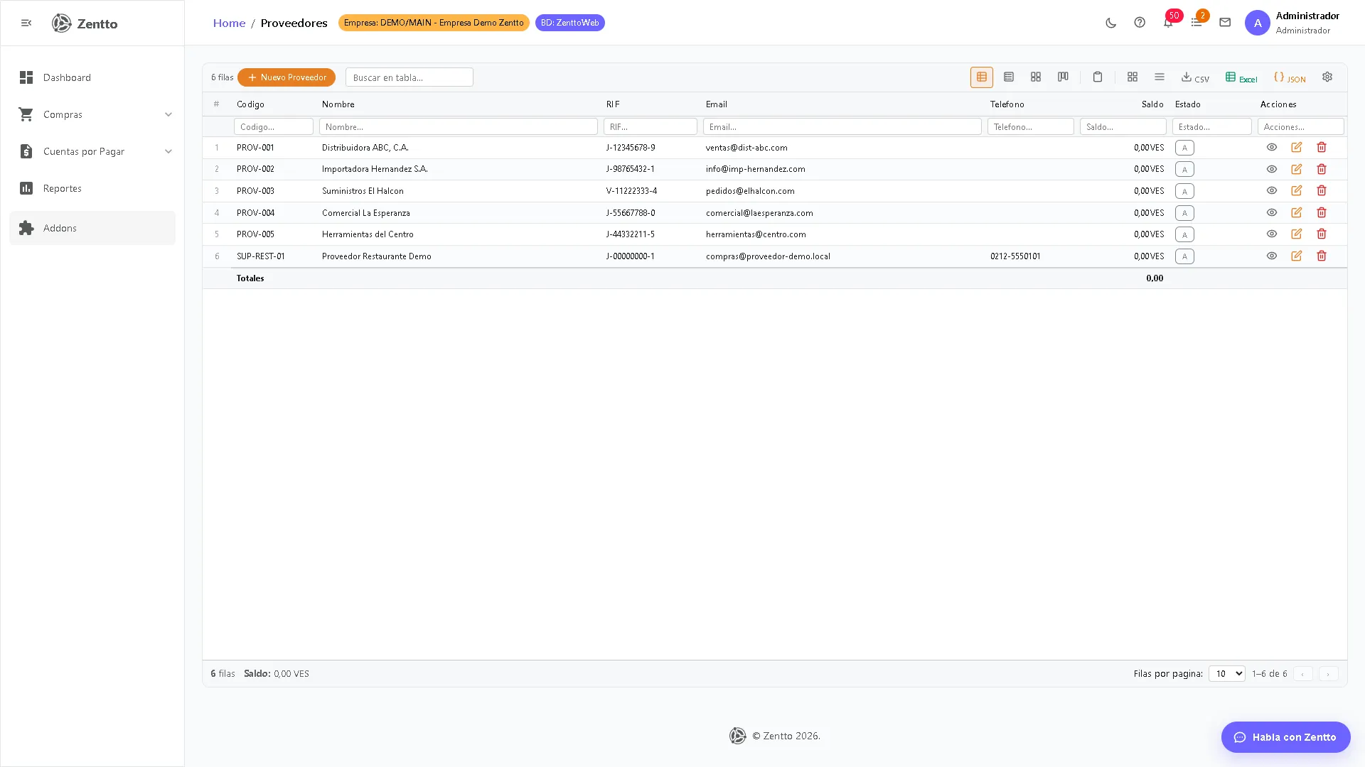 Lista de proveedores con columnas de código, nombre, RIF/NIF, teléfono, email y saldo CxP