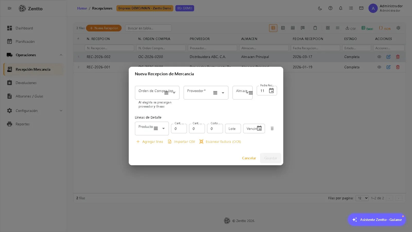 Formulario de nueva recepción con Agregar línea, Importar CSV y Escanear factura (OCR)