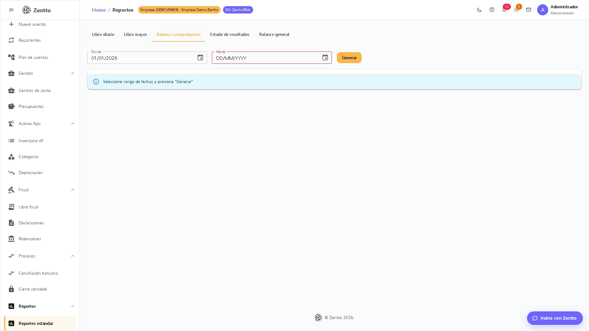Balance de comprobación en Zentto con columnas de saldo inicial, débitos, créditos y saldo final