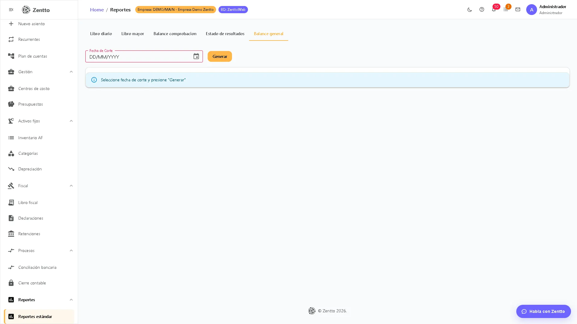 Balance general en Zentto con estructura jerárquica de activos, pasivos y patrimonio
