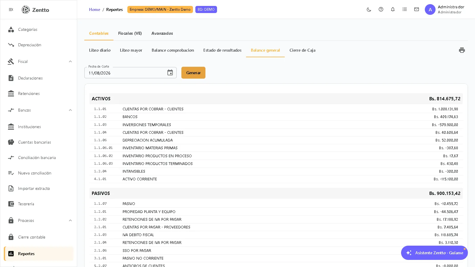 Balance general en Zentto con estructura jerárquica de activos, pasivos y patrimonio