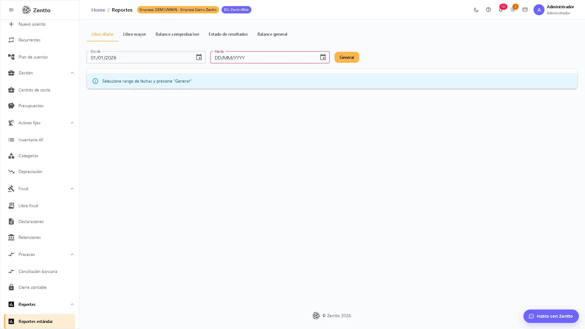Módulo de reportes financieros en Zentto con lista de reportes disponibles