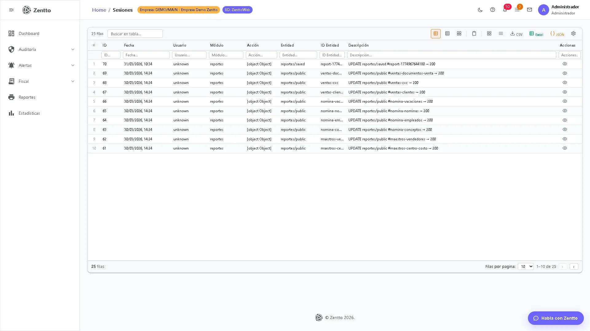 Sesiones — listado de accesos