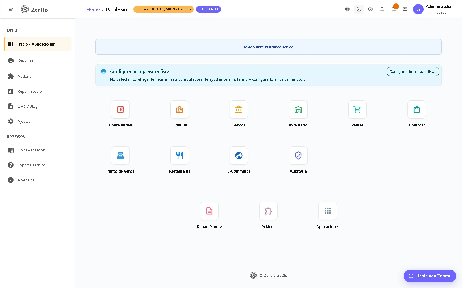 Dashboard principal de Zentto ERP con menú lateral, barra superior y selector de aplicaciones