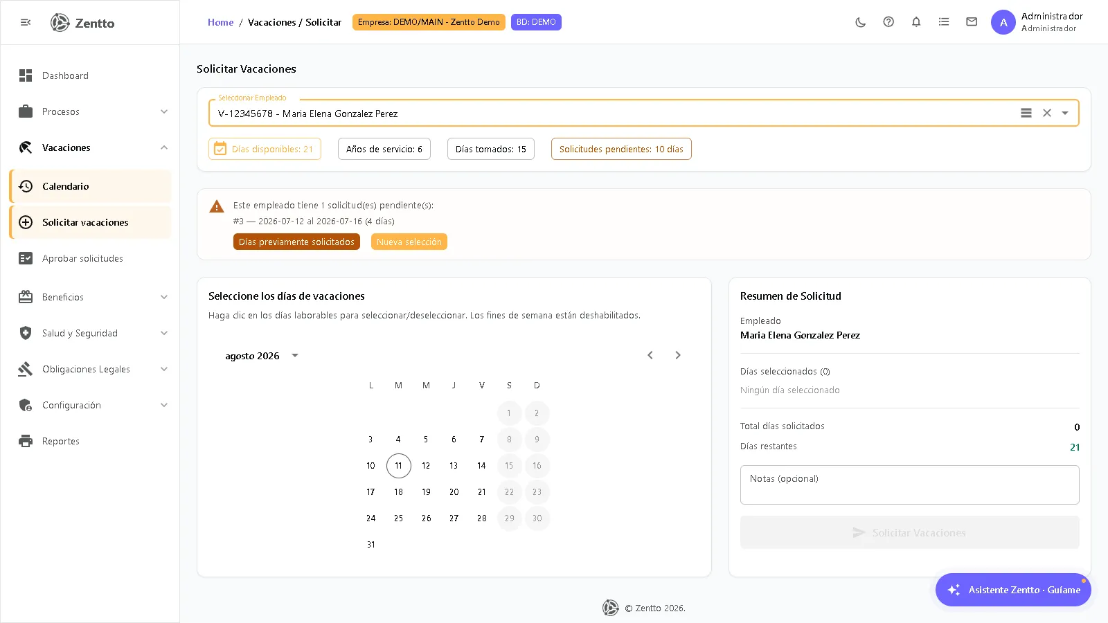 Solicitar Vacaciones — formulario con días disponibles