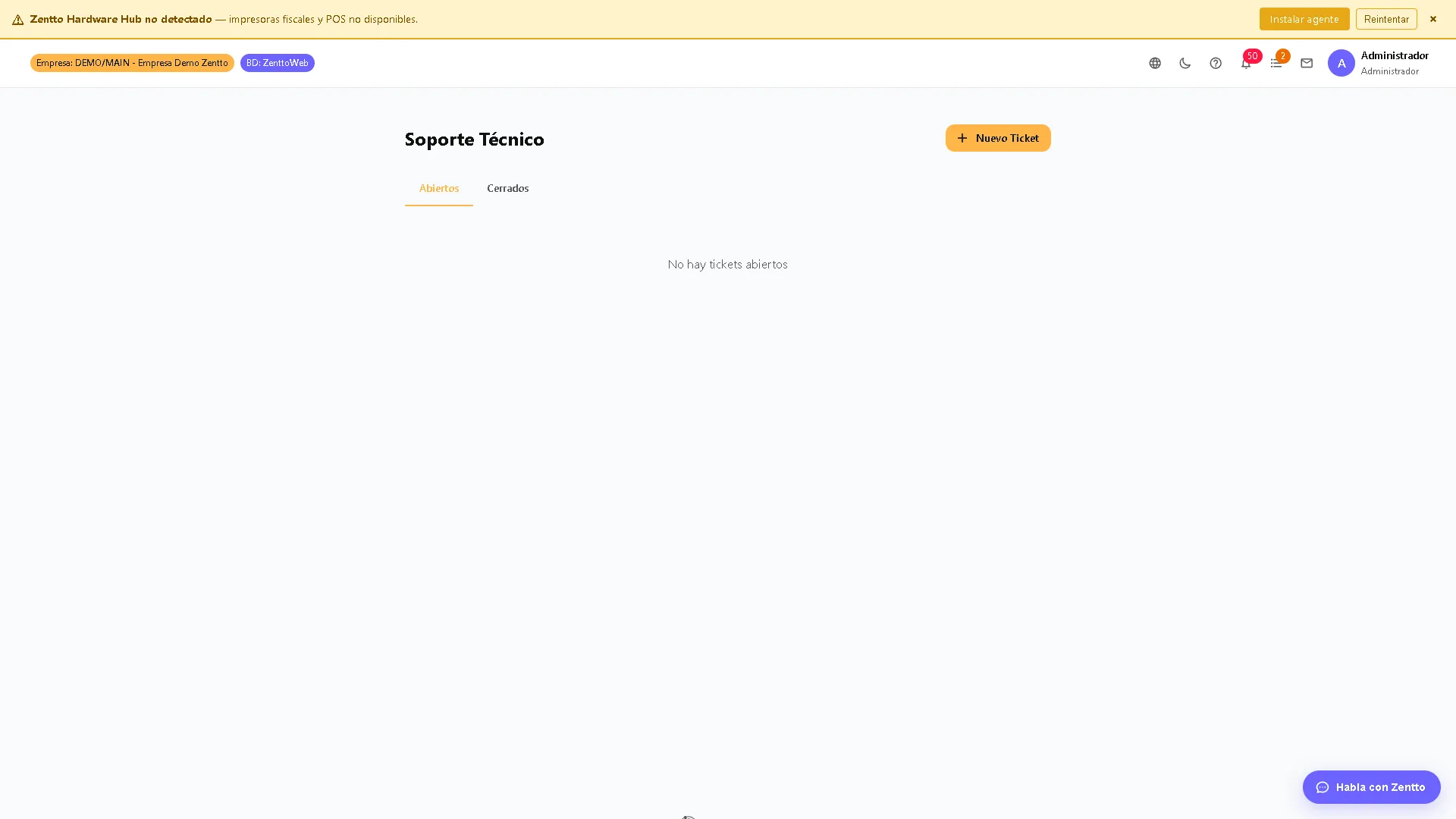 Soporte técnico — listado de tickets con tabs por estado