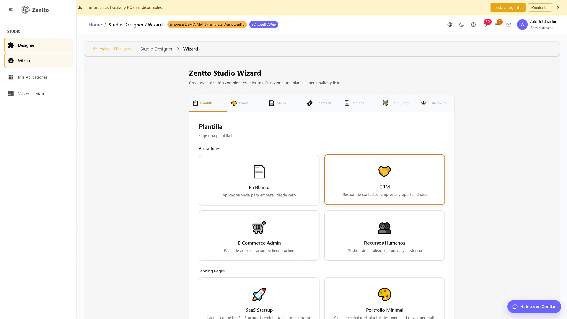 Studio Wizard — pantalla de selección de plantilla