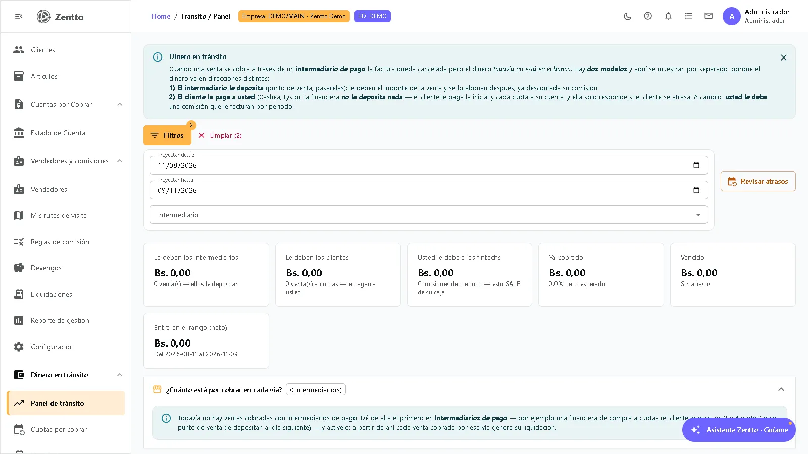 Panel de dinero en tránsito con tarjetas de totales, cobro por intermediario y proyección de ingresos