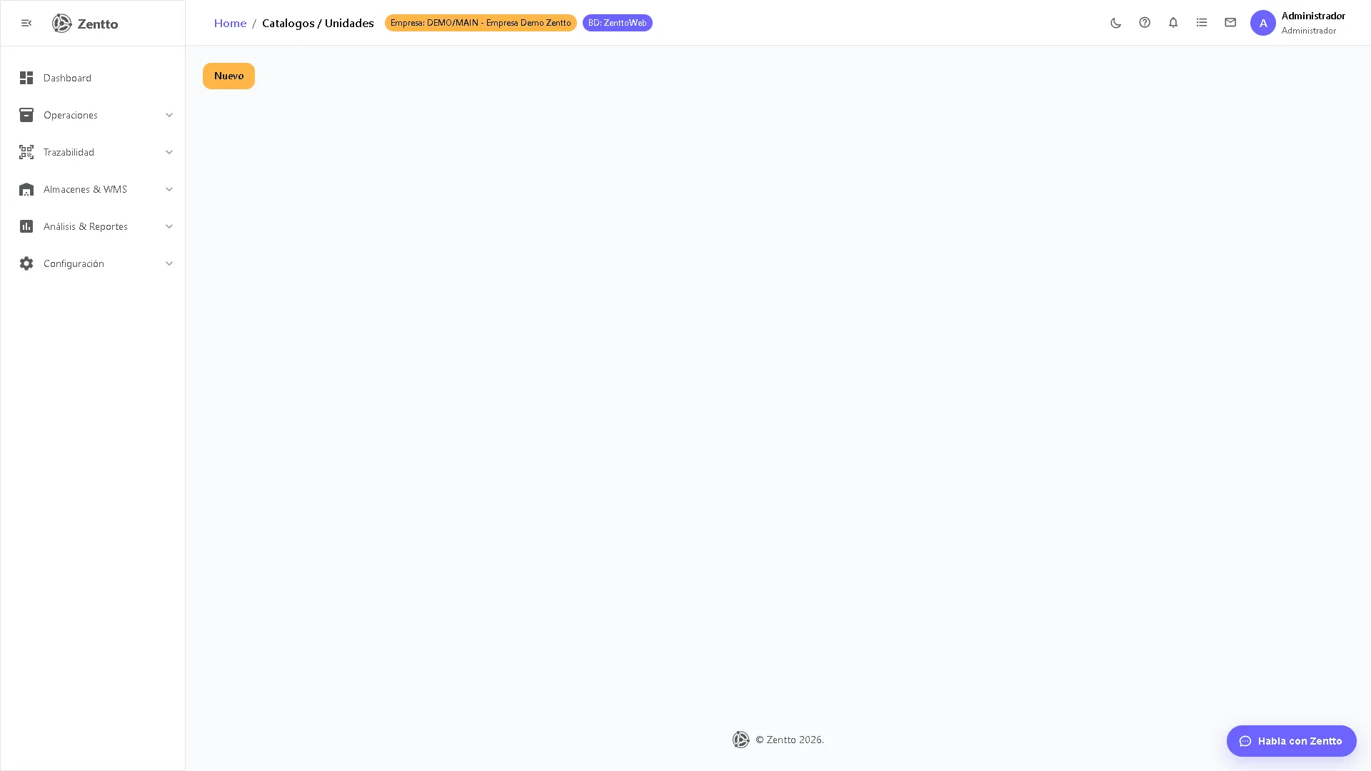 Lista de unidades de medida agrupadas por tipo con código y nombre