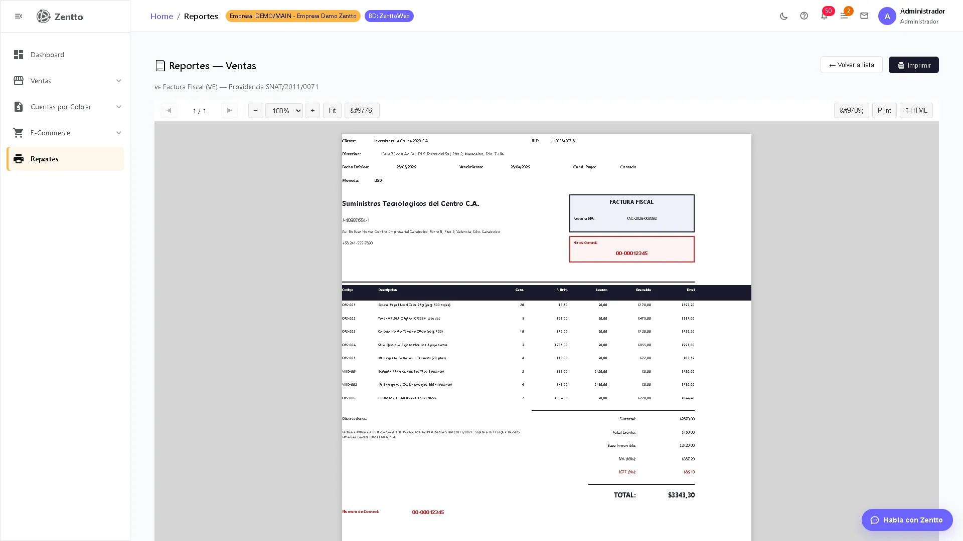 Visor de factura fiscal para Venezuela con formato SENIAT y número de control