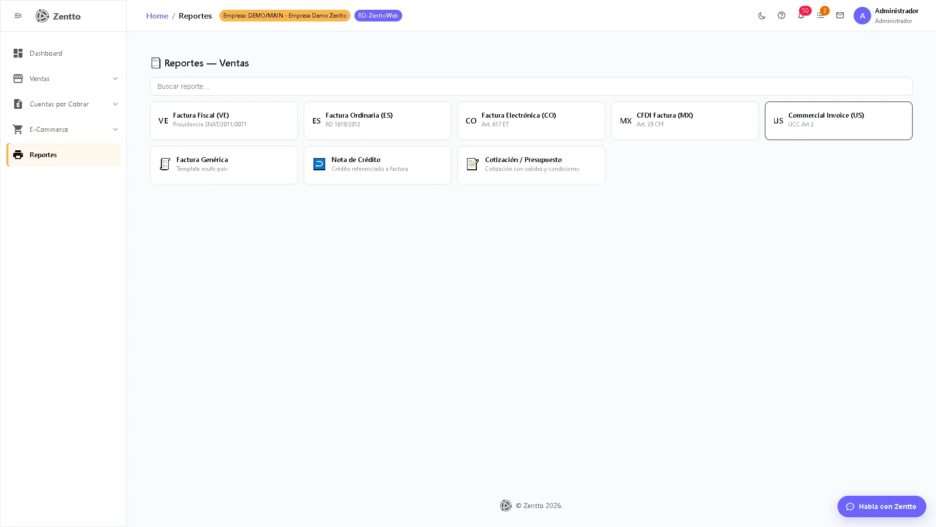Panel de reportes de ventas con listado de reportes disponibles