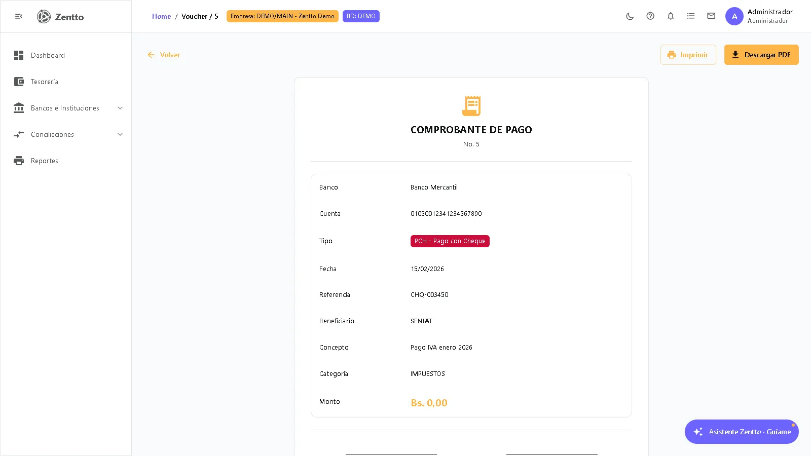 Voucher — Comprobante de pago de un movimiento bancario